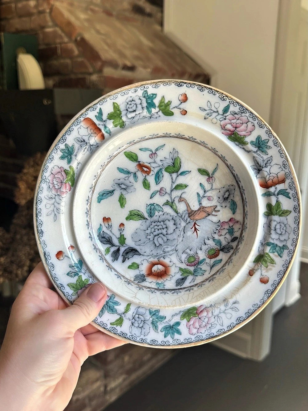 Antique 1890s Ashworth Bros Hanley England Flying Bird Floral Plate 9” B9461